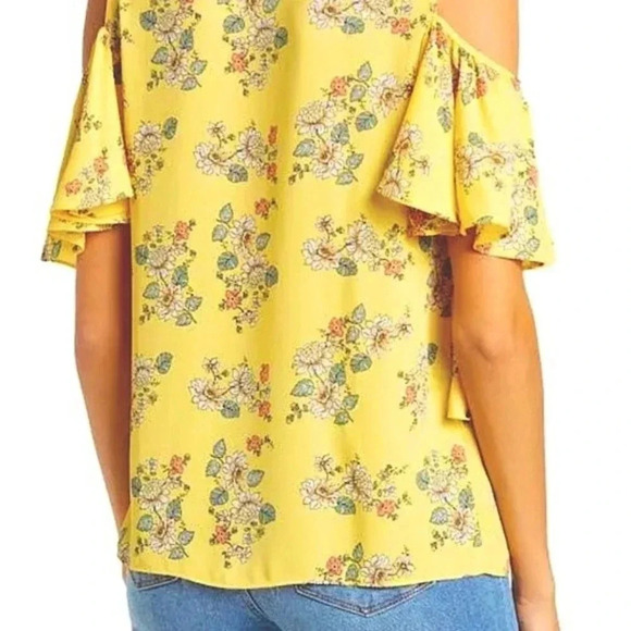 NWT floral print top Max Studio ruffle sleeve bright yellow top spring summer - Picture 8 of 9